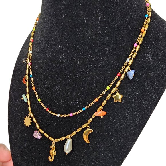 Coastal Charm Layered Necklace‎ 18K Gold Plated Stainless Steel Colorful Charms - Picture 2 of 5